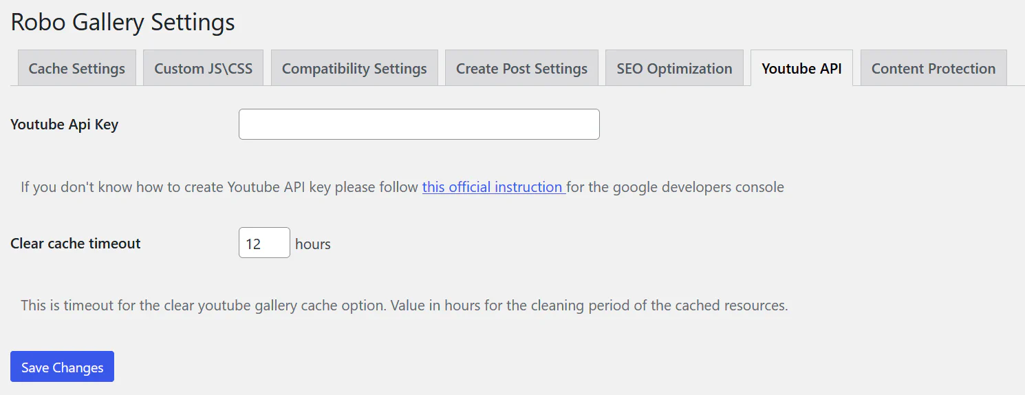 YouTube API settings