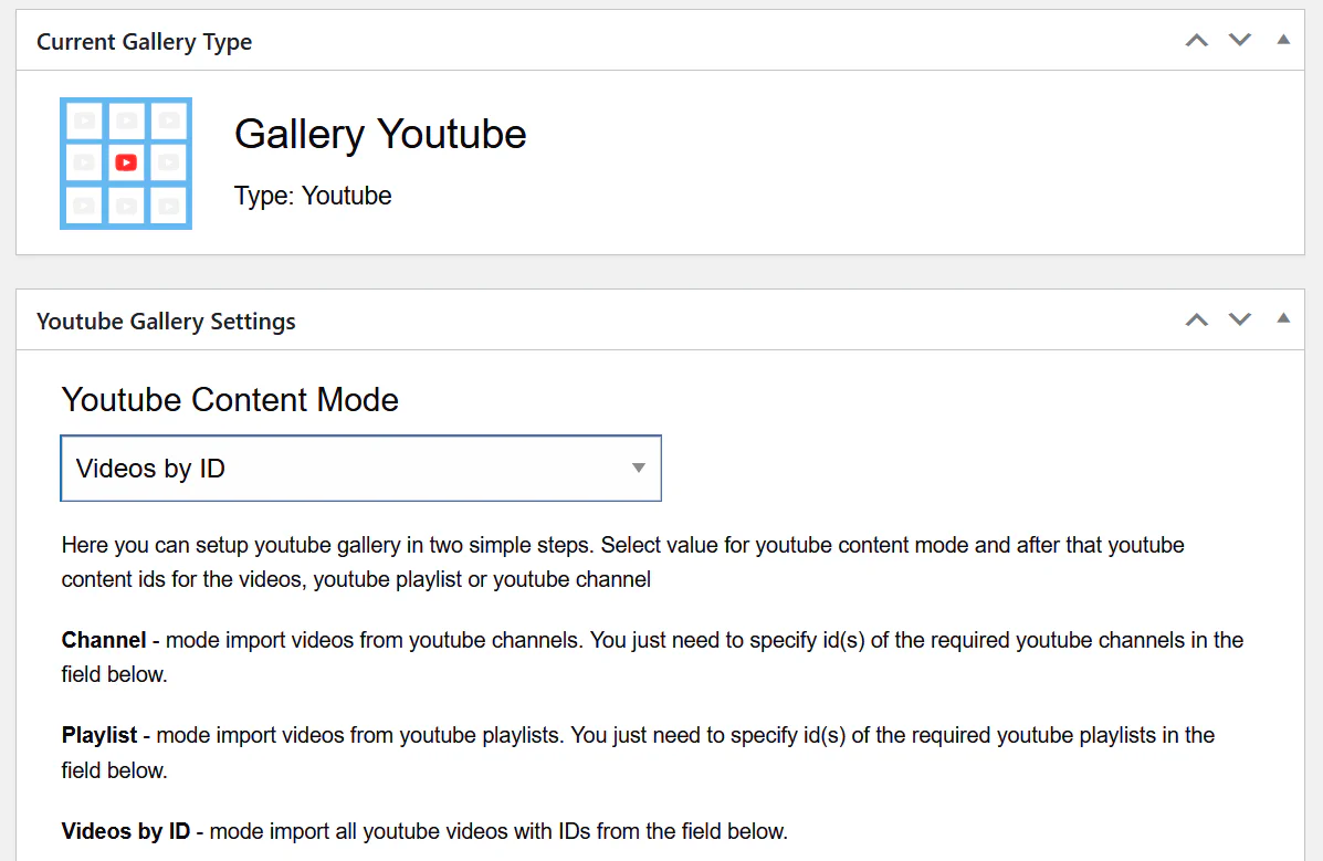 YouTube gallery settings